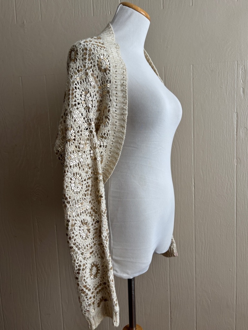 Gold Sequin Cream Crochet Knit Cropped Open Front Long Sleeve Cardigan